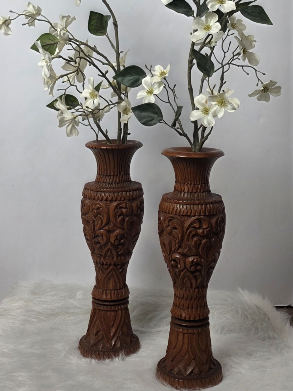 Pair of Hand-Carved Wooden Vases - 12" Artisan Floral Wood Sculpture - Boho Home